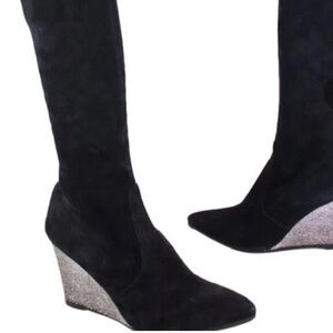 Stuart Weitzman Black Suede Boots with Silver Wedge